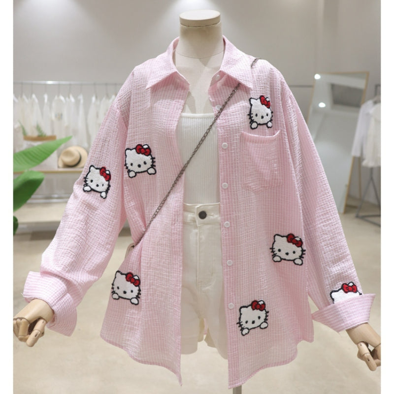 Cartoon Kitty Long-sleeved Striped Shirt KI551
