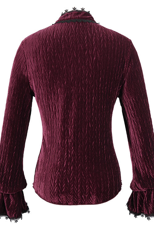 Ruby Velvet Flared-Sleeve Gothic Blouse with Pleats