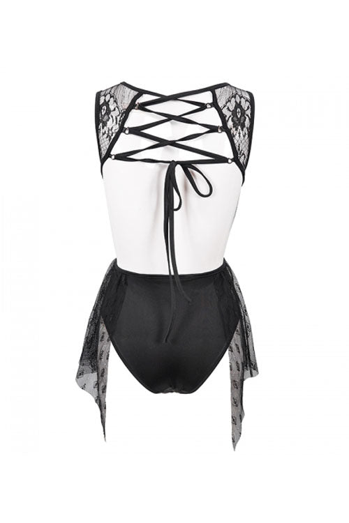 Gothic One Piece Swimsuit with Back Lace Stitching, Cross Strap, Lace Up