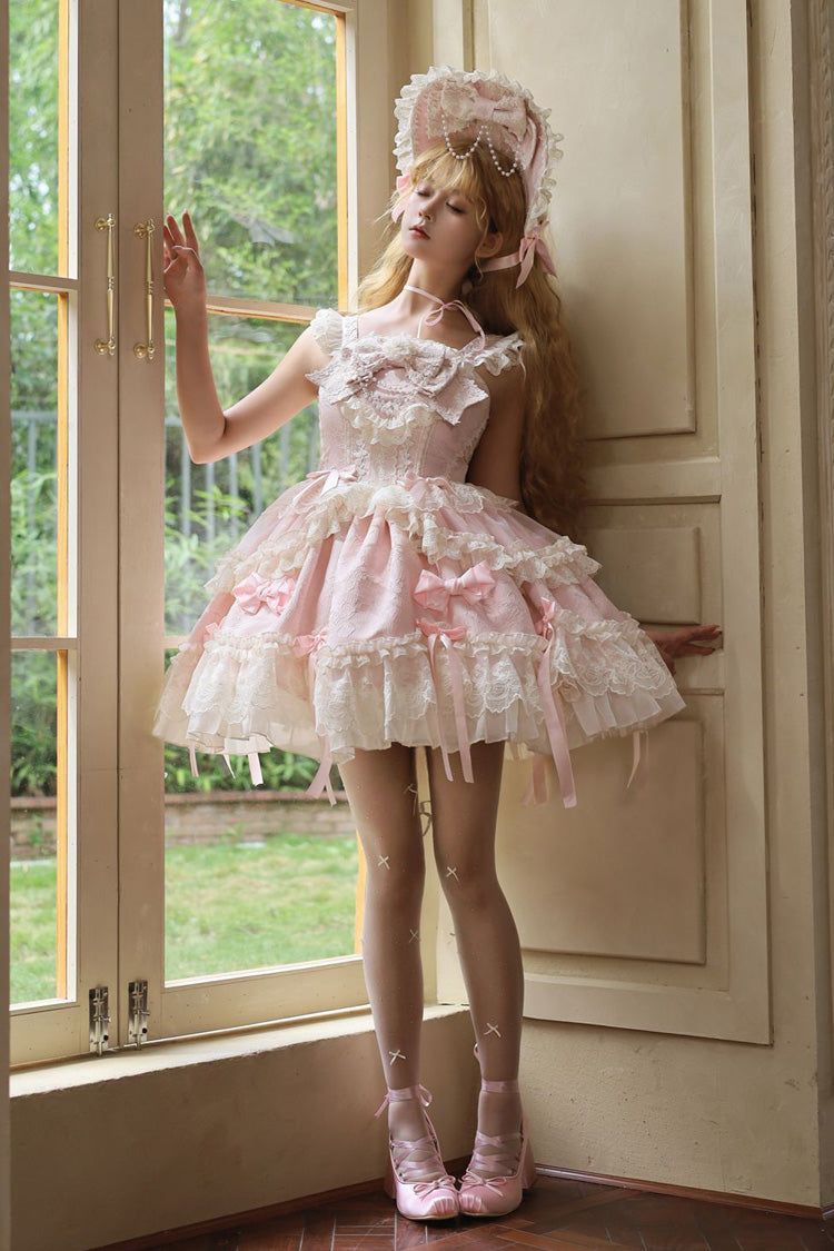 Blossoming Heart Love Sleeveless JSK, Dark Jacquard Print Bowknot Lace Sweet