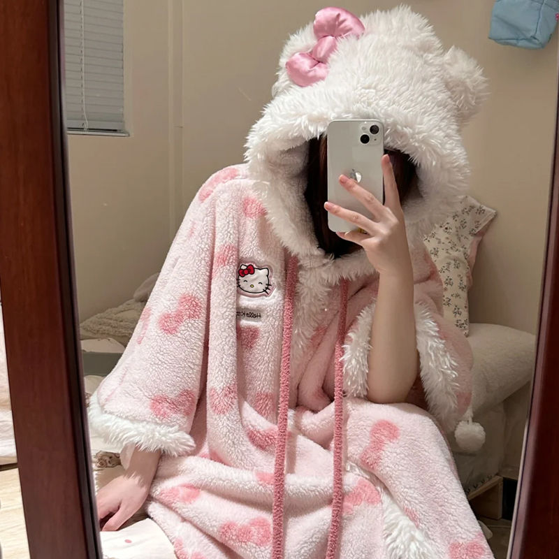 Pink Kitty Nachthemd aus Korallenfleece-Plüsch mit Kapuze KI682