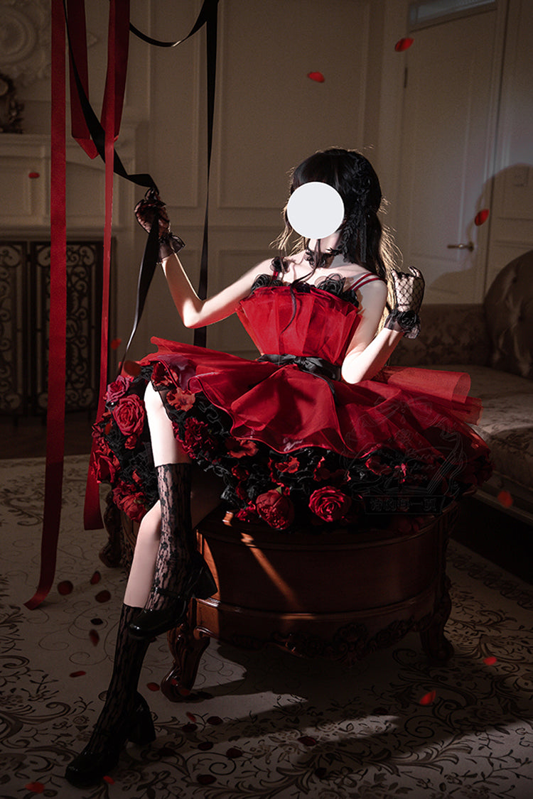 Burgundy Eternal Night Bouquet Sleeveless Ruffle Bow Sweet Princess Lolita Gown