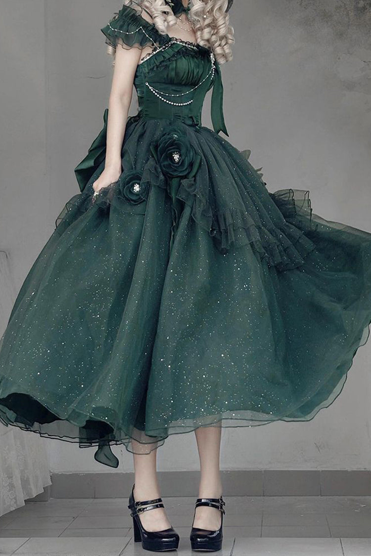 Emerald Bright Stars Off Shoulder Ruffle Bow Asymmetric Elegant Princess Lolita Gown