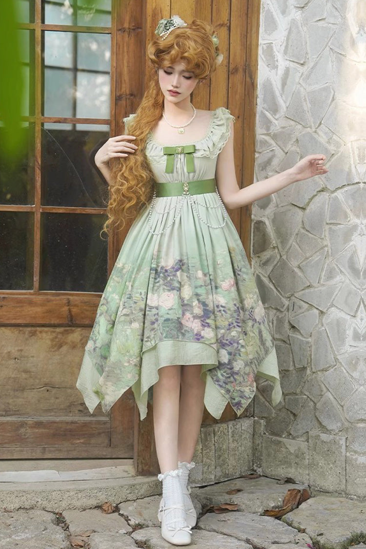 Emerald Blooming Roses Oil Painting Chiffon Ruffle Bow Irregular Sweet Lolita Jumper