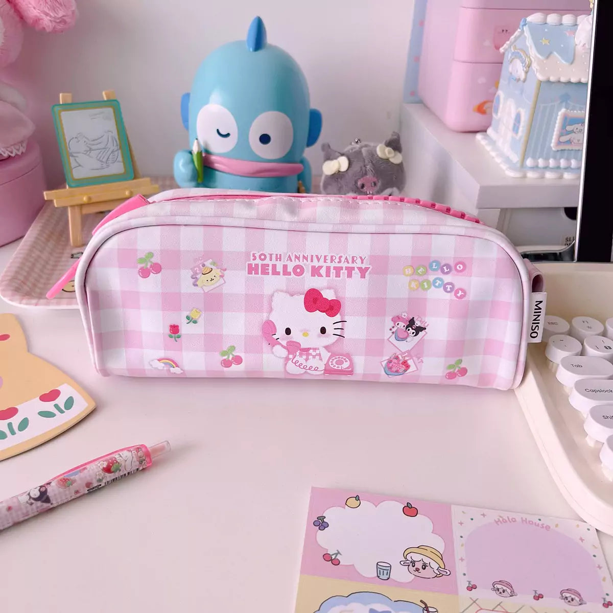 Kitty Plaid Pencil Case with Oversized Zipper