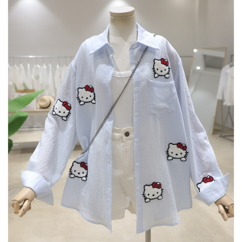 Cartoon Kitty Long-sleeved Striped Shirt KI551