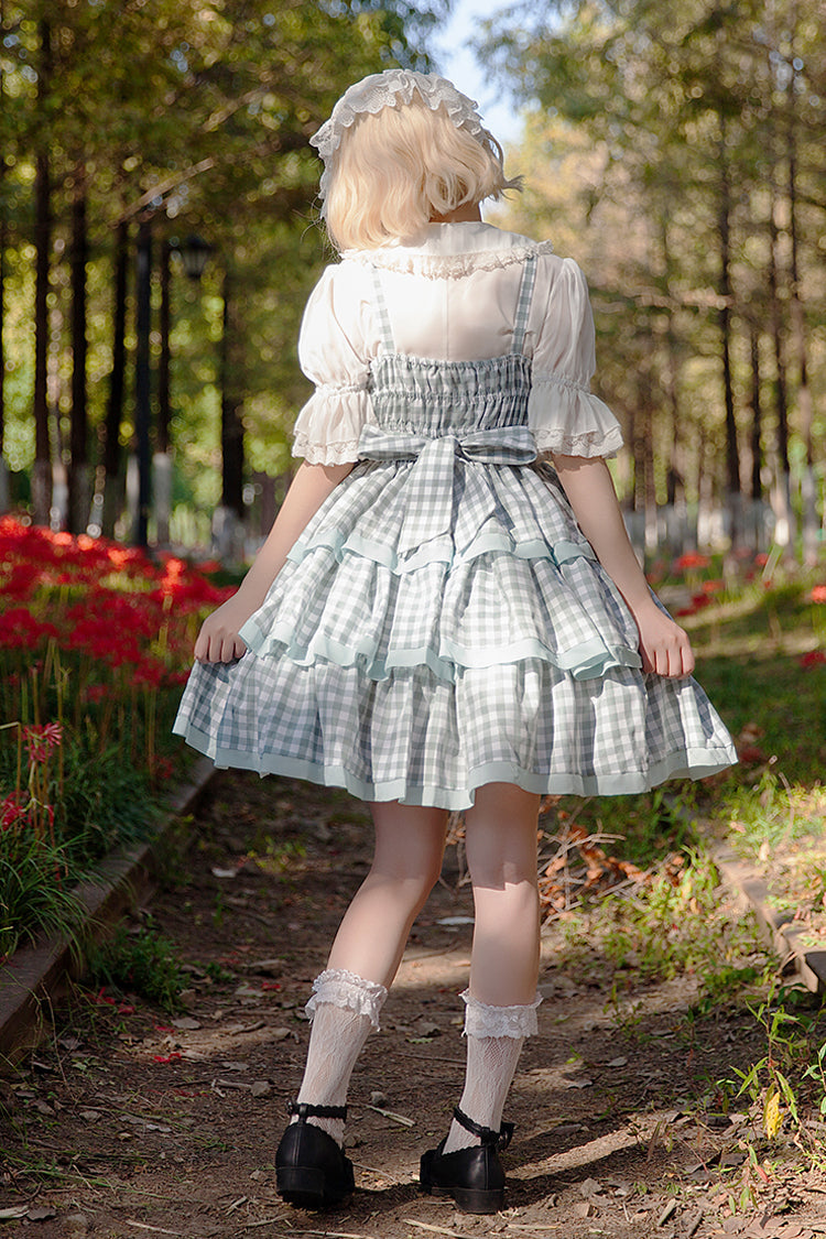 Triple-Layered Tartan Bow-Adorned Sweet Princess Gown with Ruffles - Cloth Cat