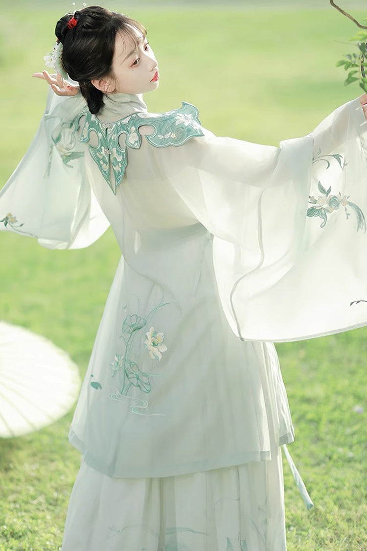 Emerald Embroidered Mandarin Collar Hanfu Ensemble with Full Coverage