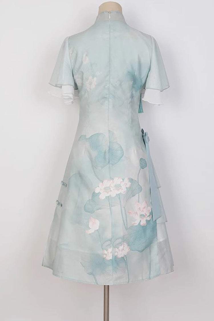 Emerald Ruffle Short Sleeve Lotus Print Sweet Cheongsam Hanfu Dress