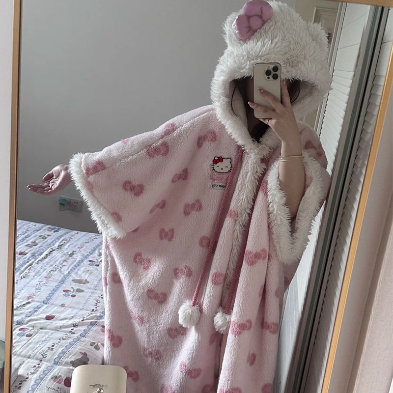 Pink Kitty Nachthemd aus Korallenfleece-Plüsch mit Kapuze KI682