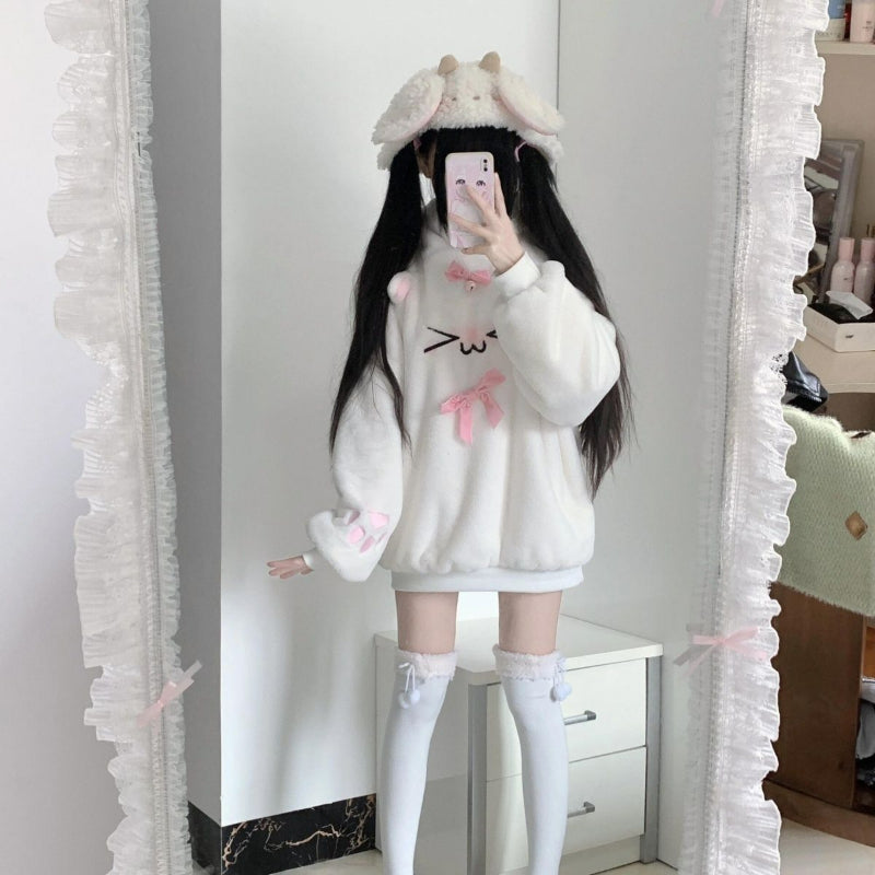 Kawaii Cat Paw Bow Hooded Plush Top KI690