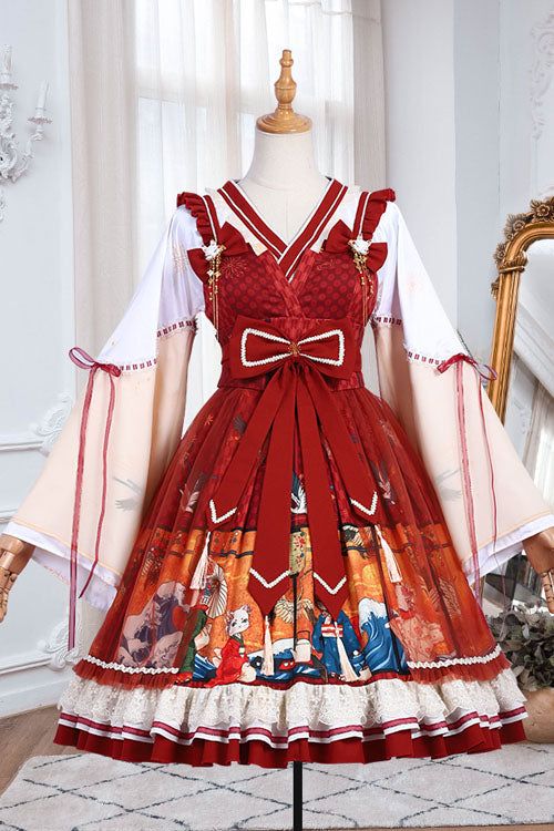 Burgundy Ukiyoe Cat Print Long Sleeve Chinese Style Two-Piece Look Bow Ruffle Sweet Lolita OP Gown