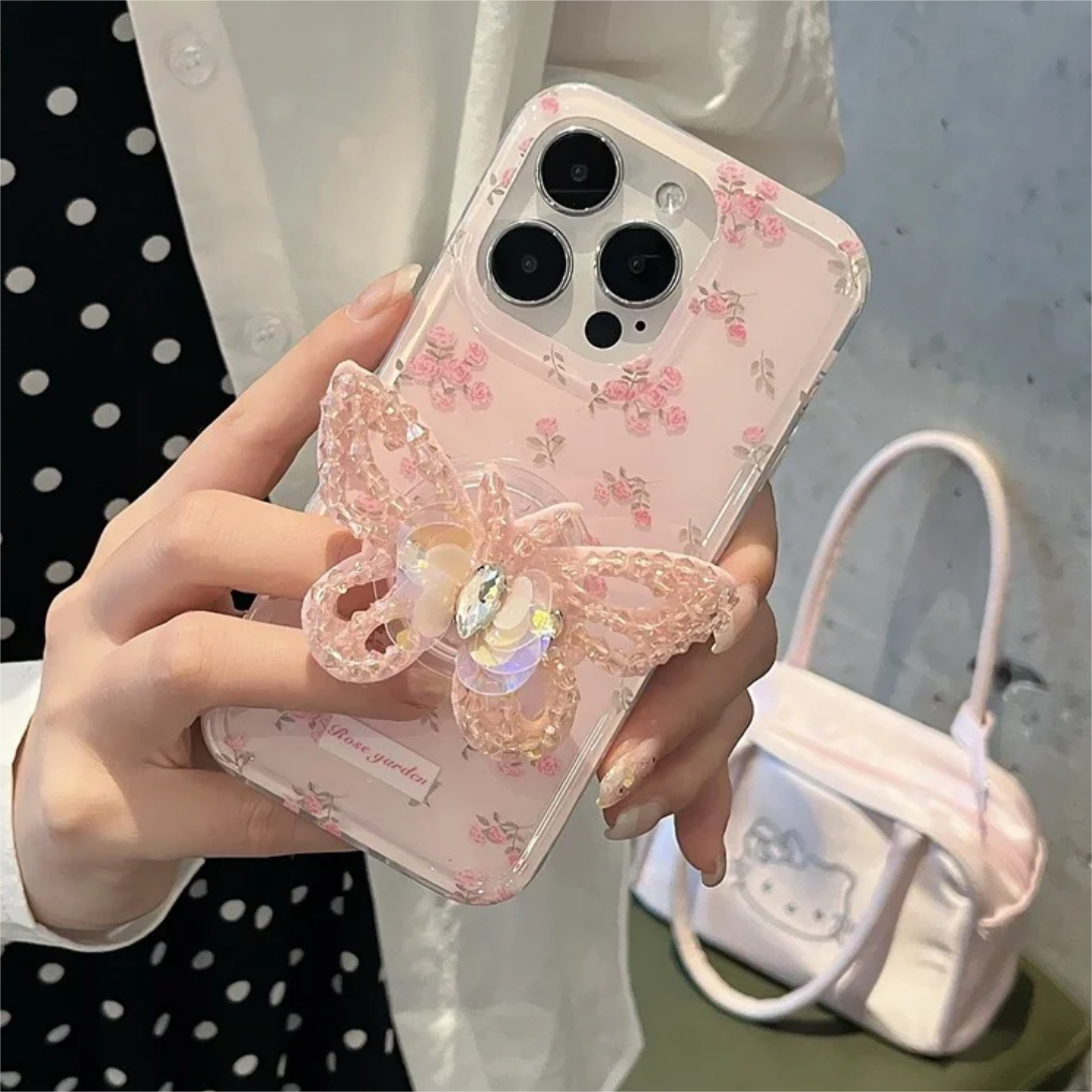 Pink Rhinestone Butterfly iPhone Case