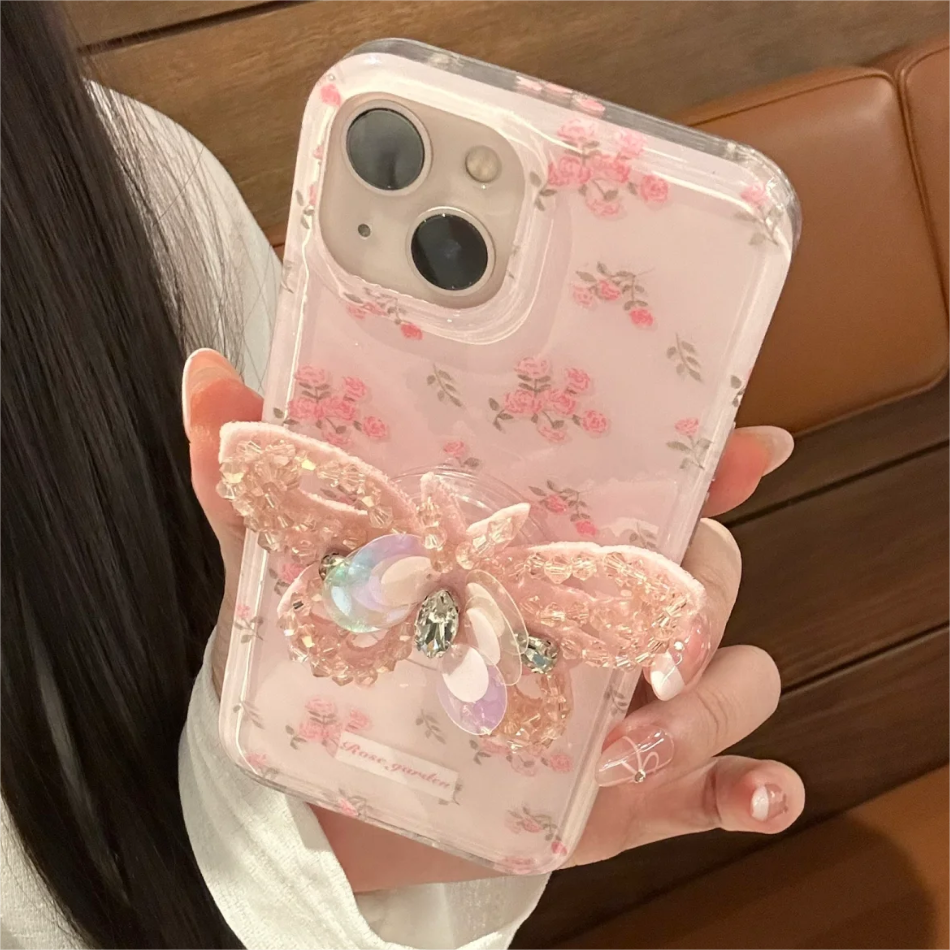 Pink Rhinestone Butterfly iPhone Case