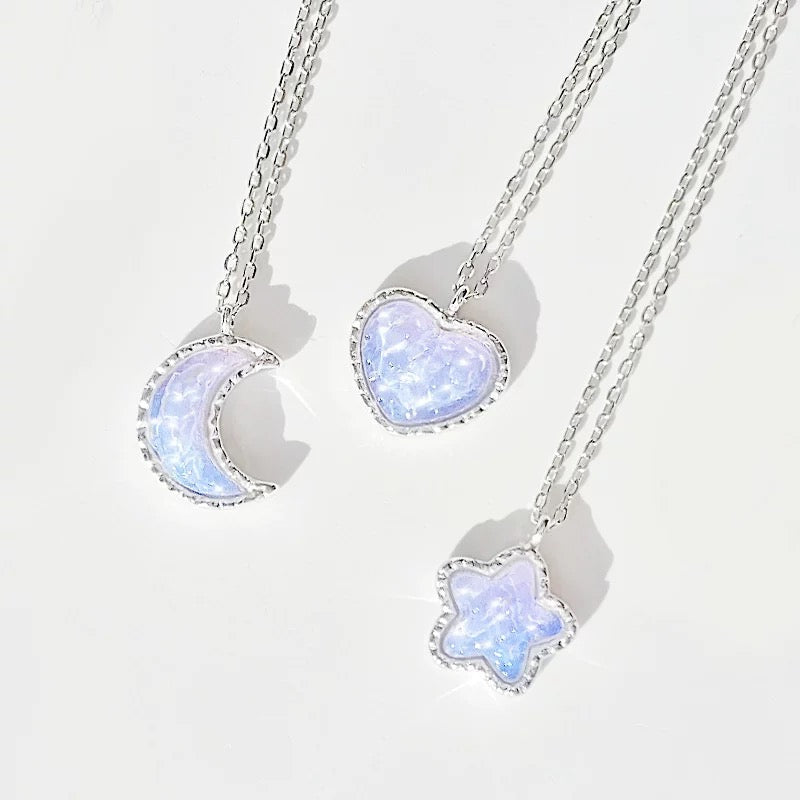 Silver Gradient Water Ripple Moon Heart Star Necklace