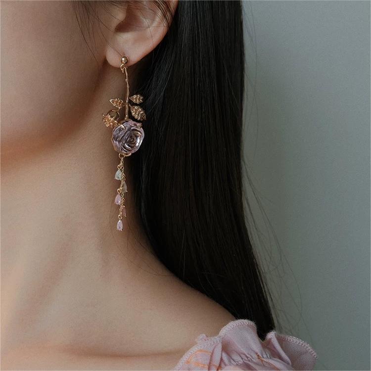 Elegant Asymmetric Silver Pink Rose Earrings