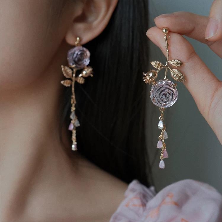 Elegant Asymmetric Silver Pink Rose Earrings