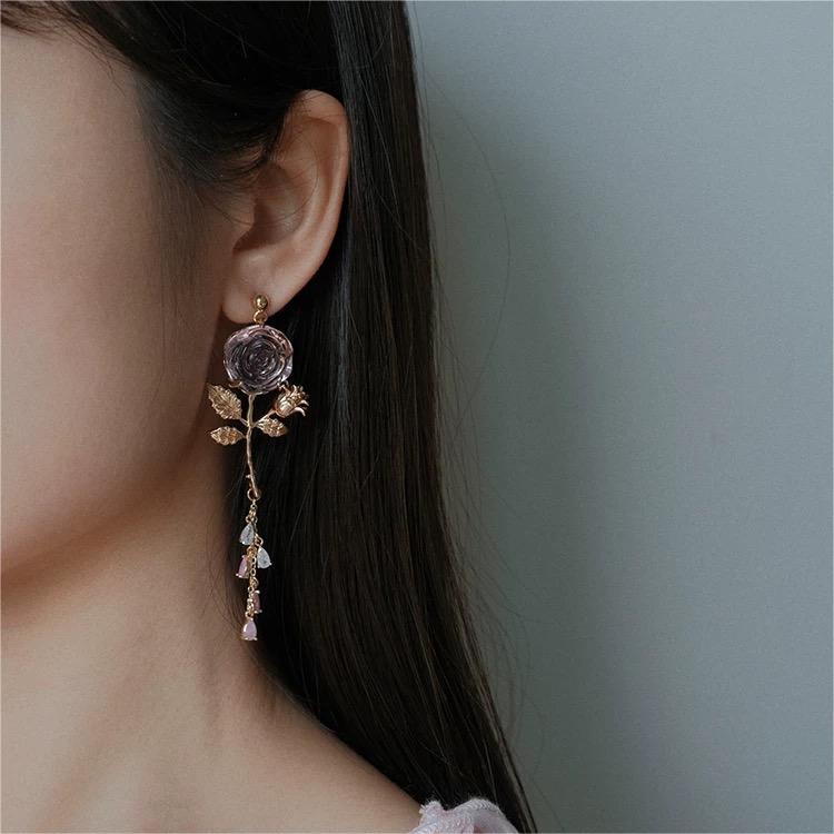 Elegant Asymmetric Silver Pink Rose Earrings