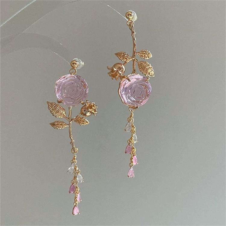 Elegant Asymmetric Silver Pink Rose Earrings