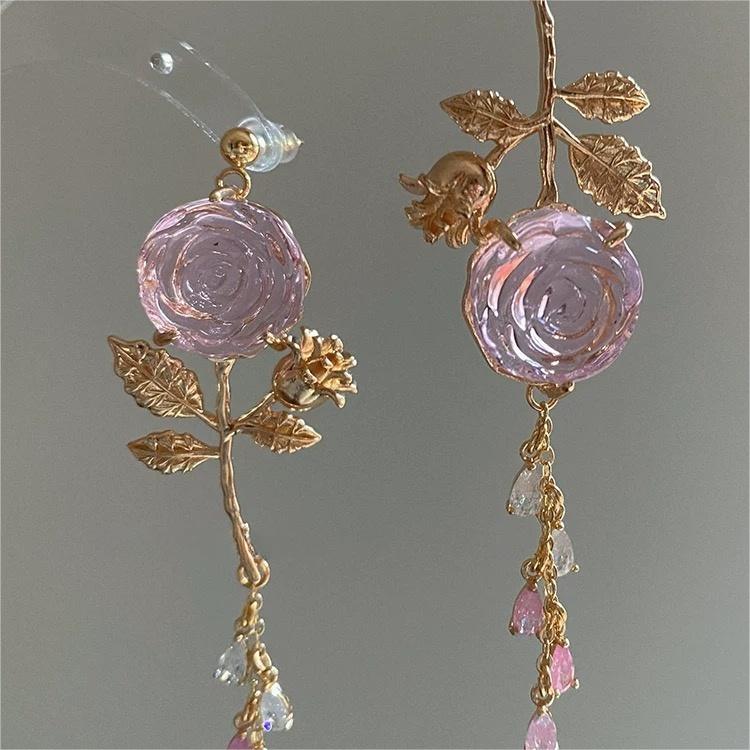 Elegant Asymmetric Silver Pink Rose Earrings