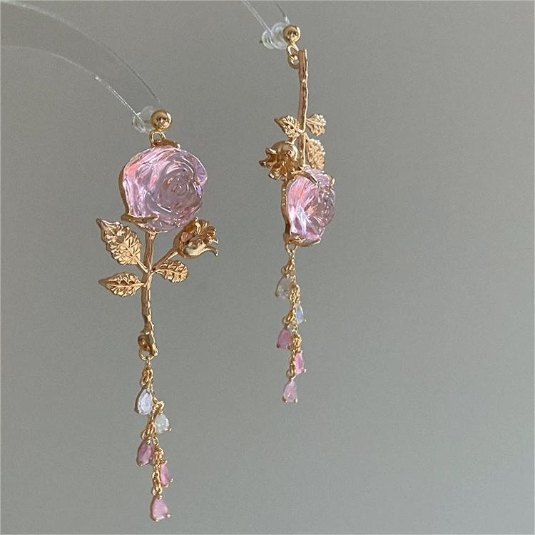 Elegant Asymmetric Silver Pink Rose Earrings