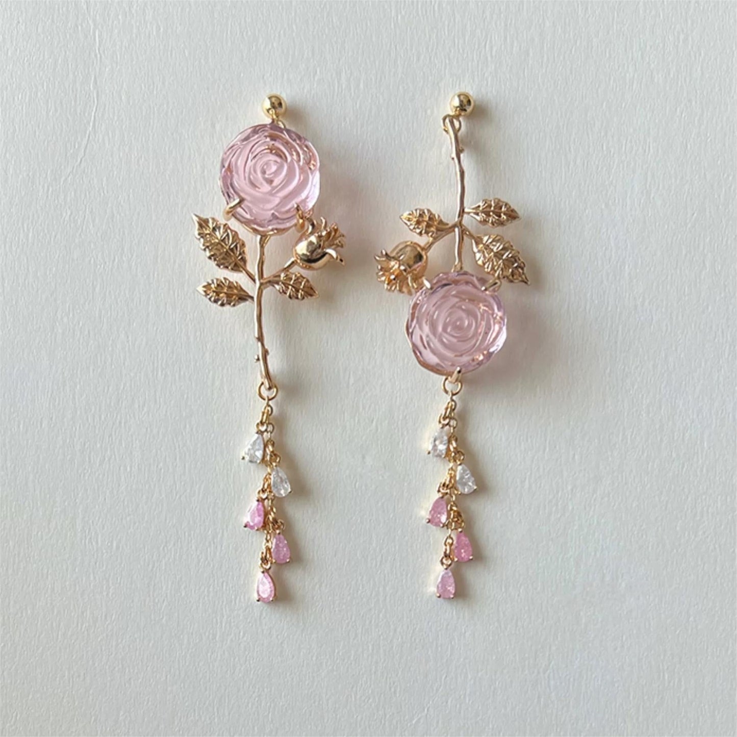 Elegant Asymmetric Silver Pink Rose Earrings