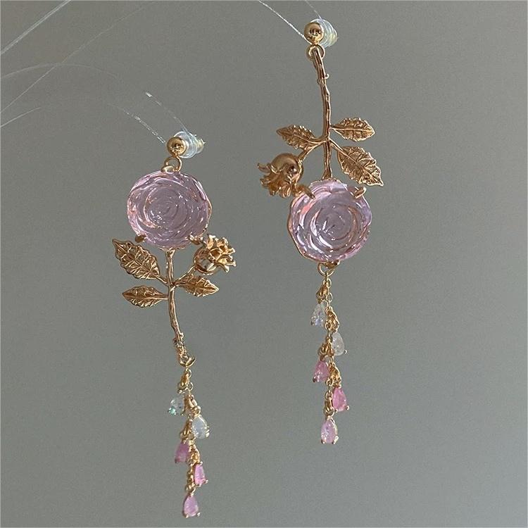 Elegant Asymmetric Silver Pink Rose Earrings