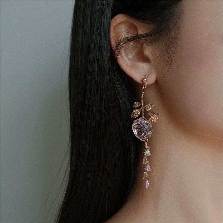 Elegant Asymmetric Silver Pink Rose Earrings