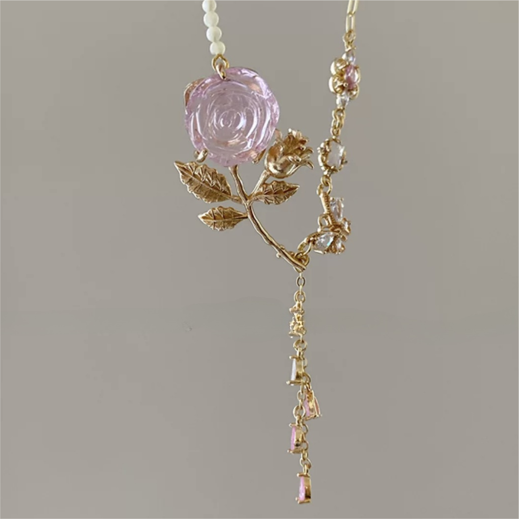 Pink Rose Charm Fritillaria Beaded Chain Y Choker Necklace