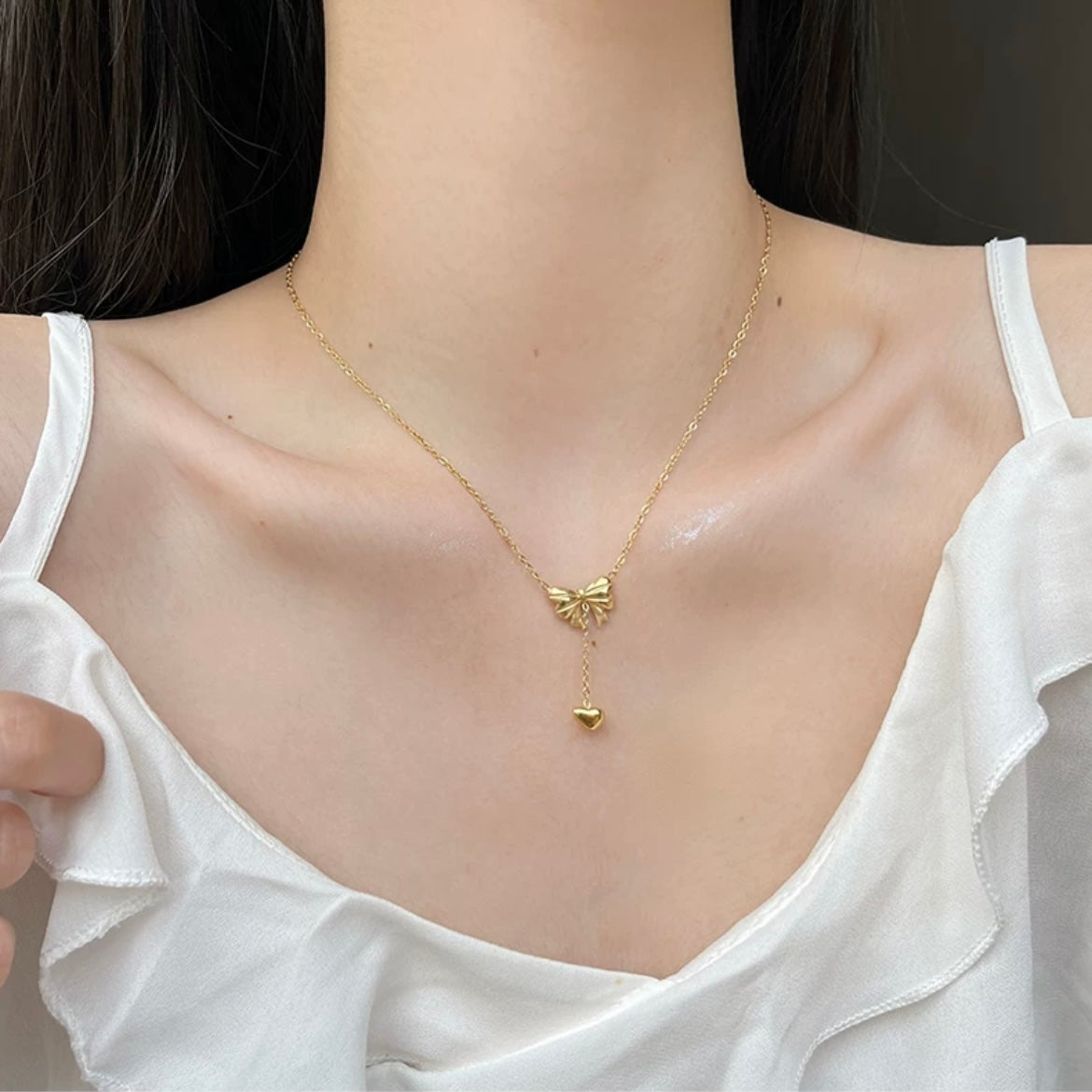 Gold Plated Bowknot Heart Pendant Y Necklace