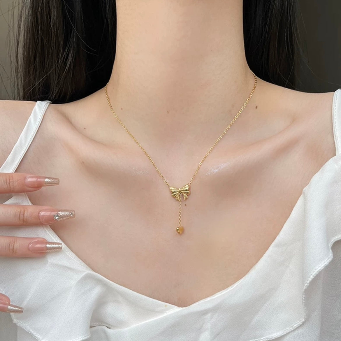 Gold Plated Bowknot Heart Pendant Y Necklace
