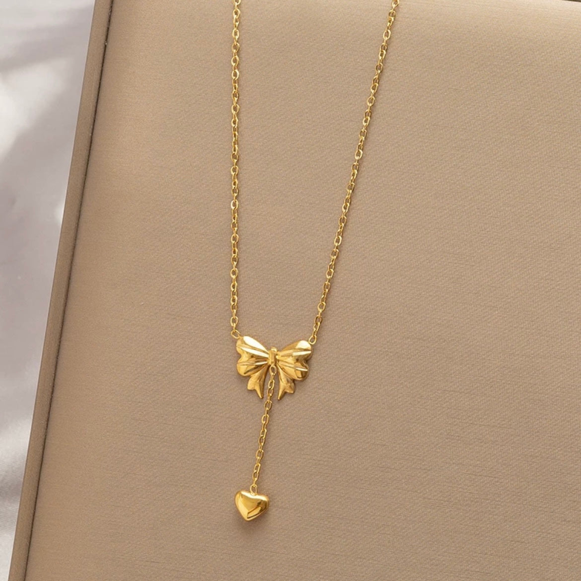 Gold Plated Bowknot Heart Pendant Y Necklace