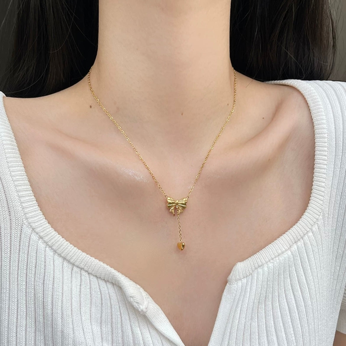 Gold Plated Bowknot Heart Pendant Y Necklace
