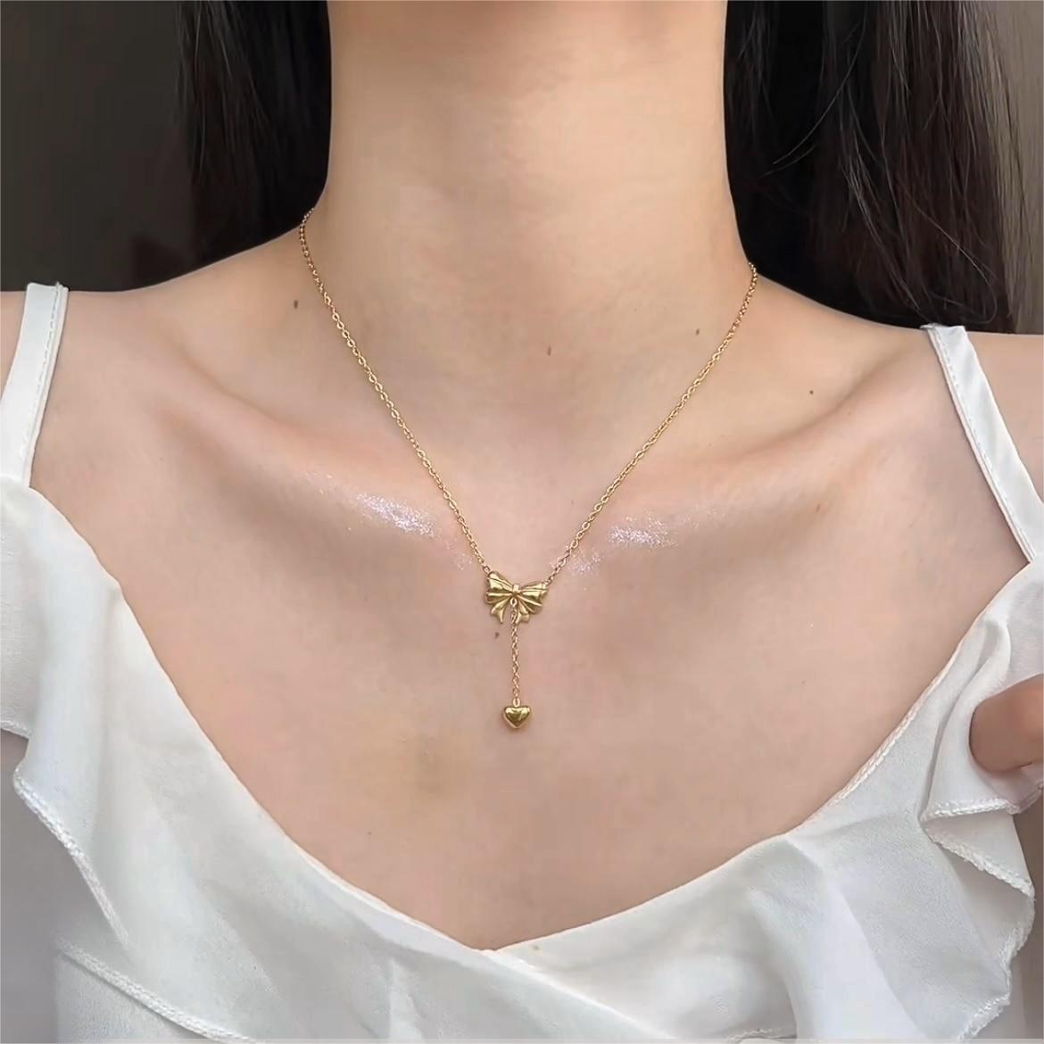 Gold Plated Bowknot Heart Pendant Y Necklace