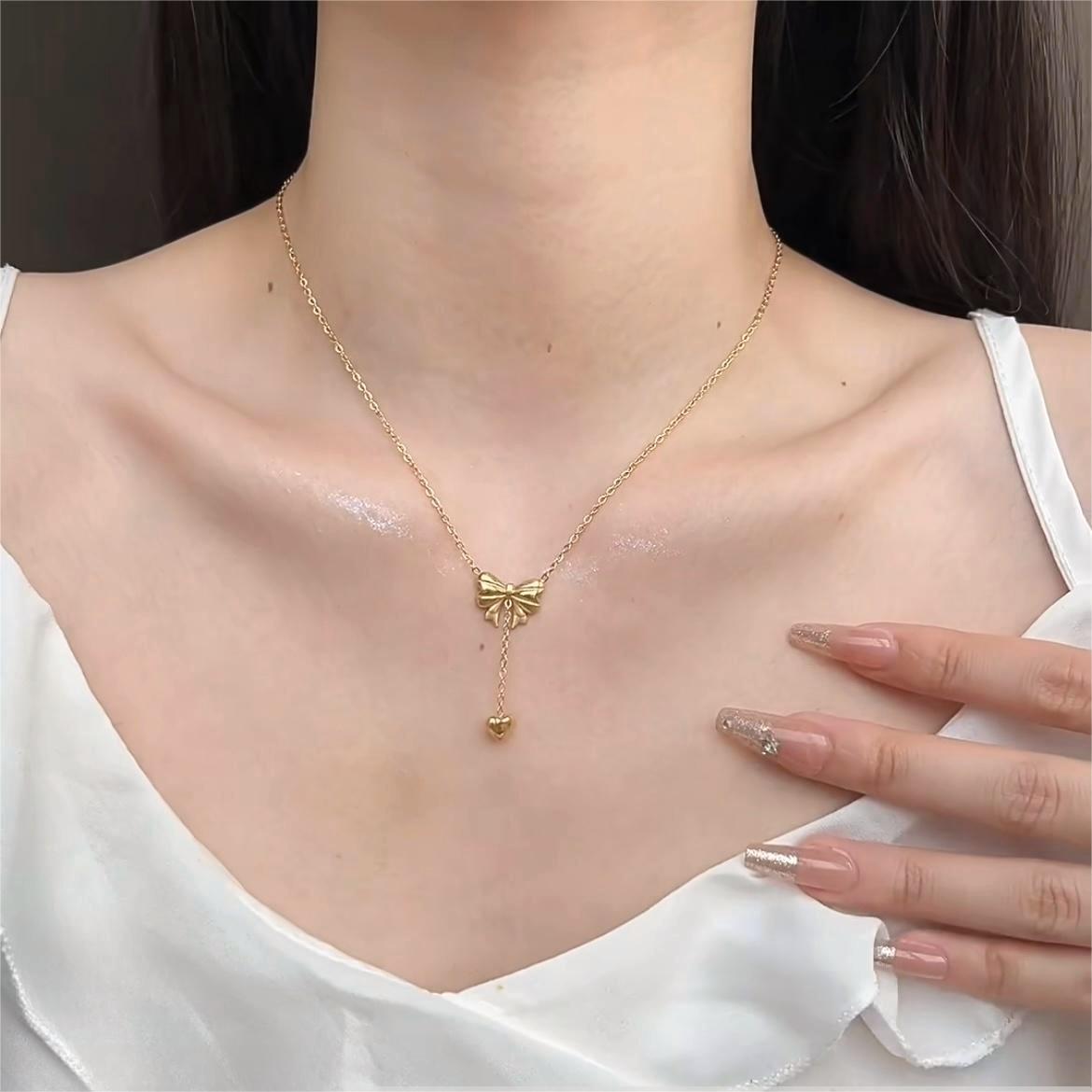 Gold Plated Bowknot Heart Pendant Y Necklace