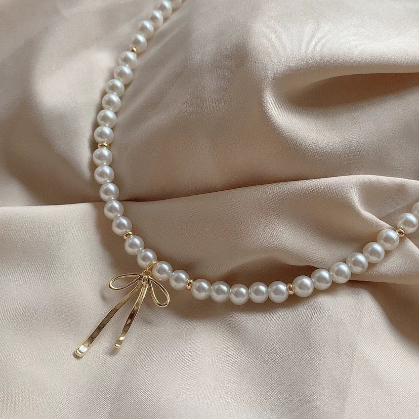 Elegant Gold Silver Plated Bowknot Pendant Pearl Chain Necklace