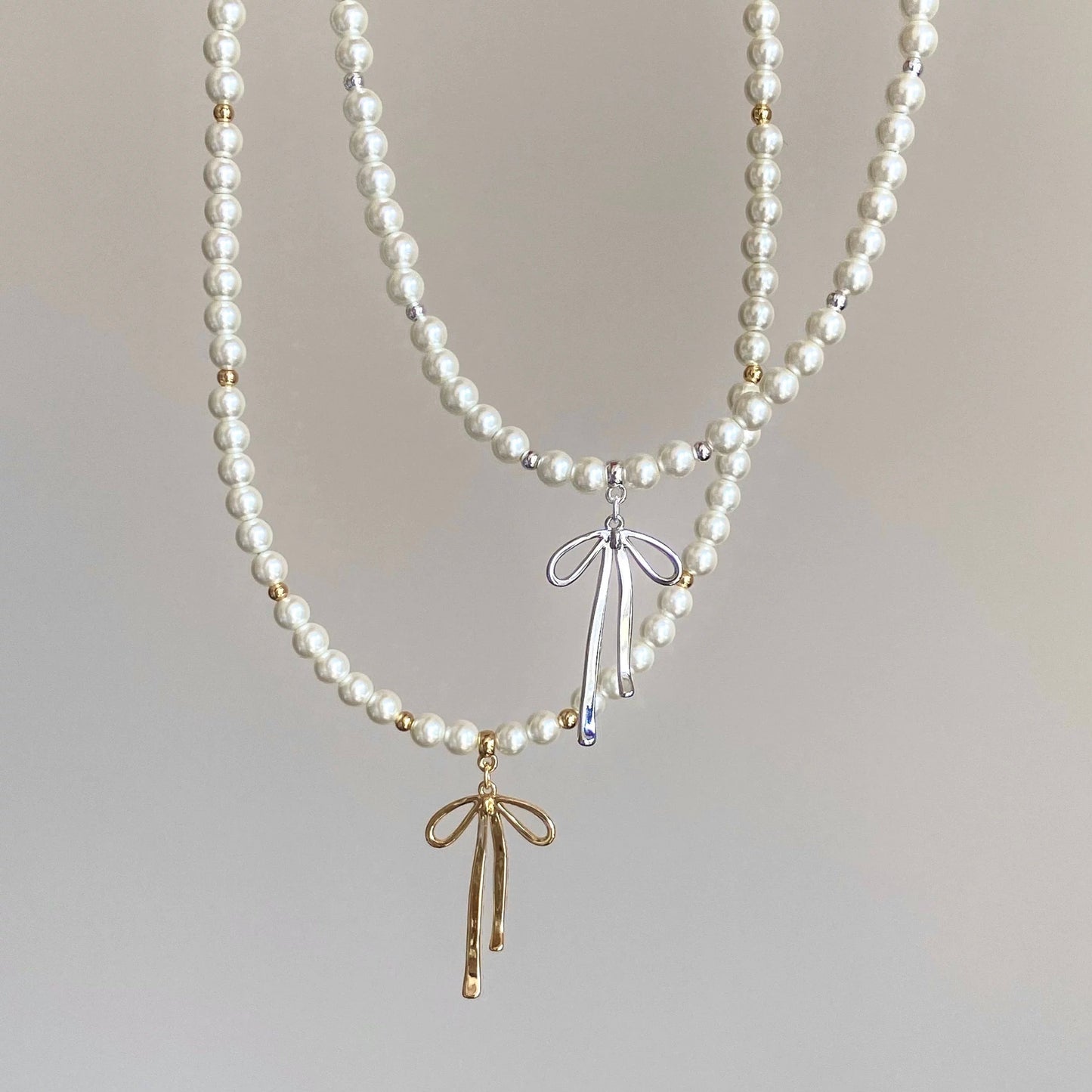 Elegant Gold Silver Plated Bowknot Pendant Pearl Chain Necklace