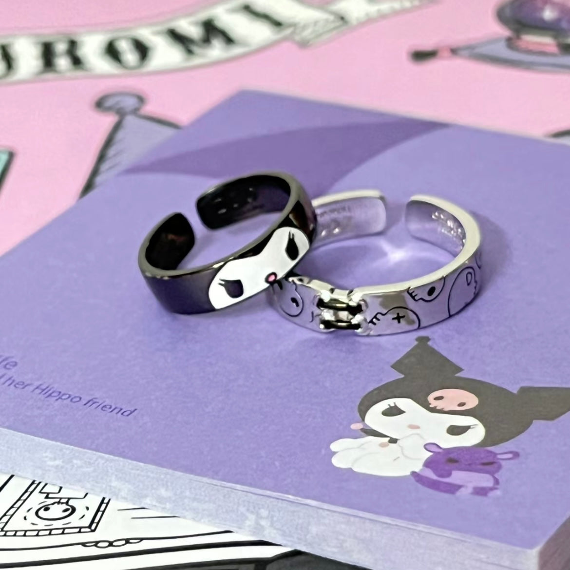 Bague assortie en émail chic avec motif sculpté Kuro Baku