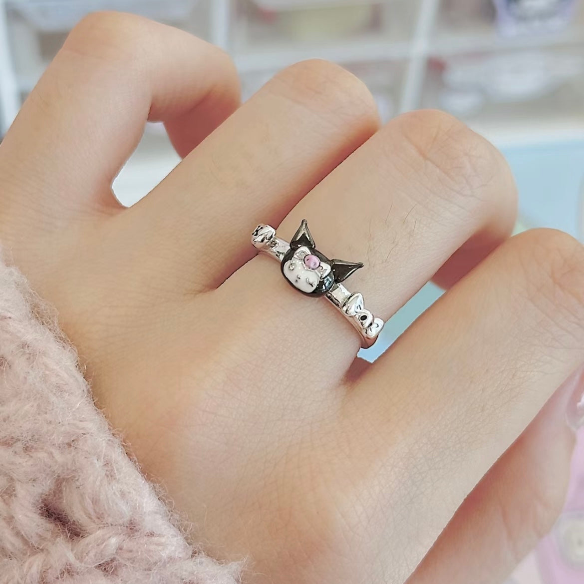 Kawaii Silver Enamel Kuro Ring