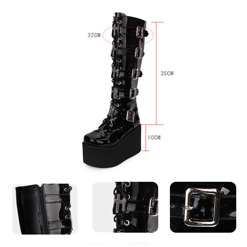 Long Gothic Lolita Boots in Patent Leather with Cross and Lace-Up Detail