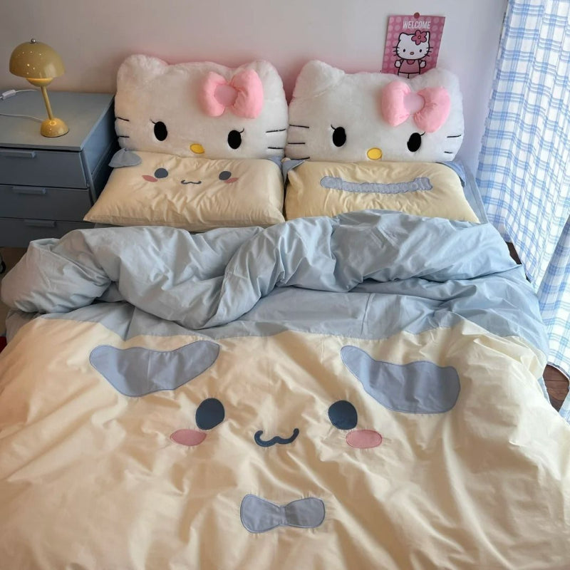 Parure de lit avec draps et cœurs à motif de chat de dessin animé KI538