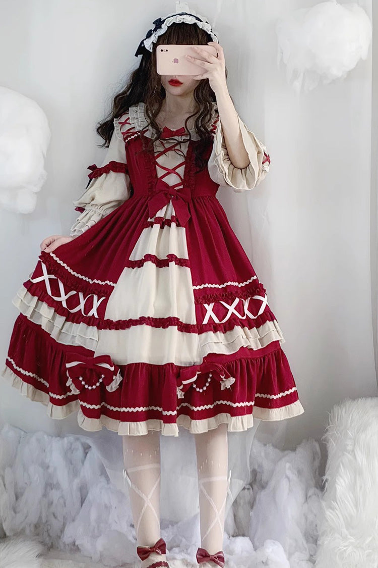 Wine Long-Sleeve Bow Ruffle Sweet Lolita One-Piece