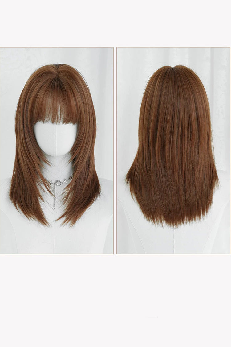 Vintage Orange Brown Face-Framing Layered Shoulder Bob Sweet Lolita Wig with Full Bangs