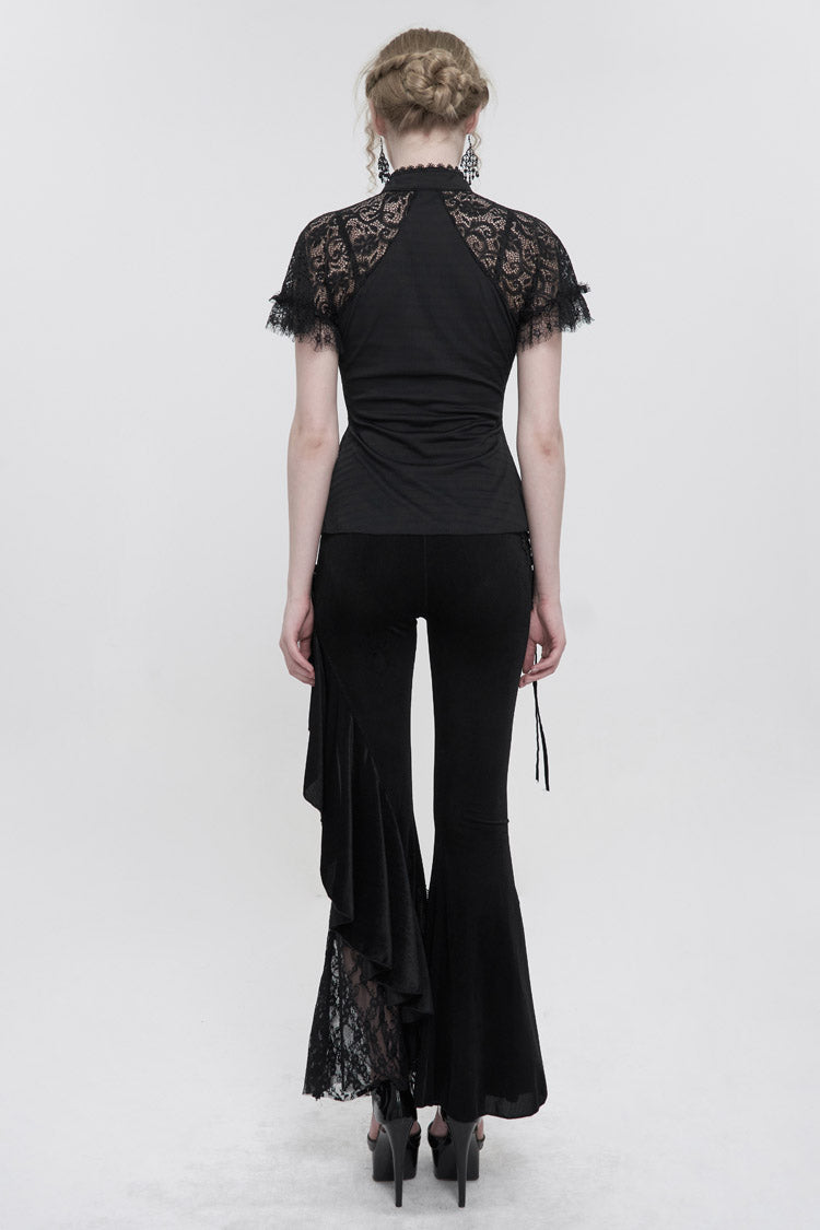 Women's Gothic Cheongsam-Style Slim T-Shirt with V-Neck and Raglan Mesh Sleeves
