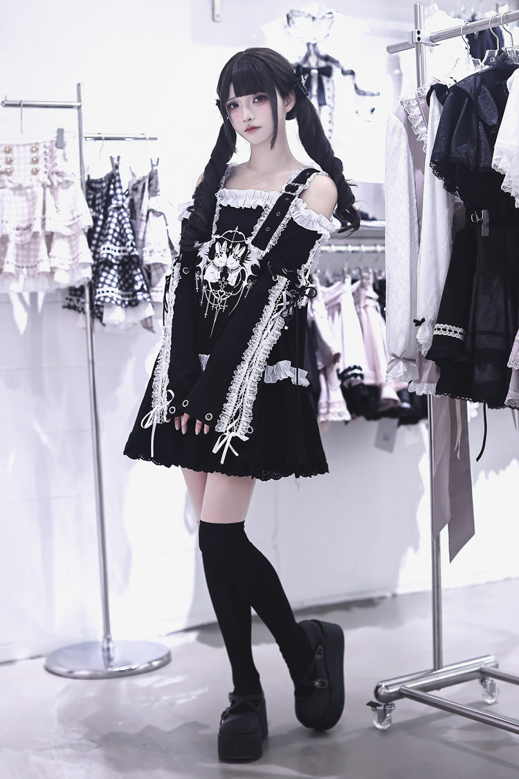 Off-Shoulder Ruffled Embroidered Punk Jirai Kei Dress - Bandage Bunny