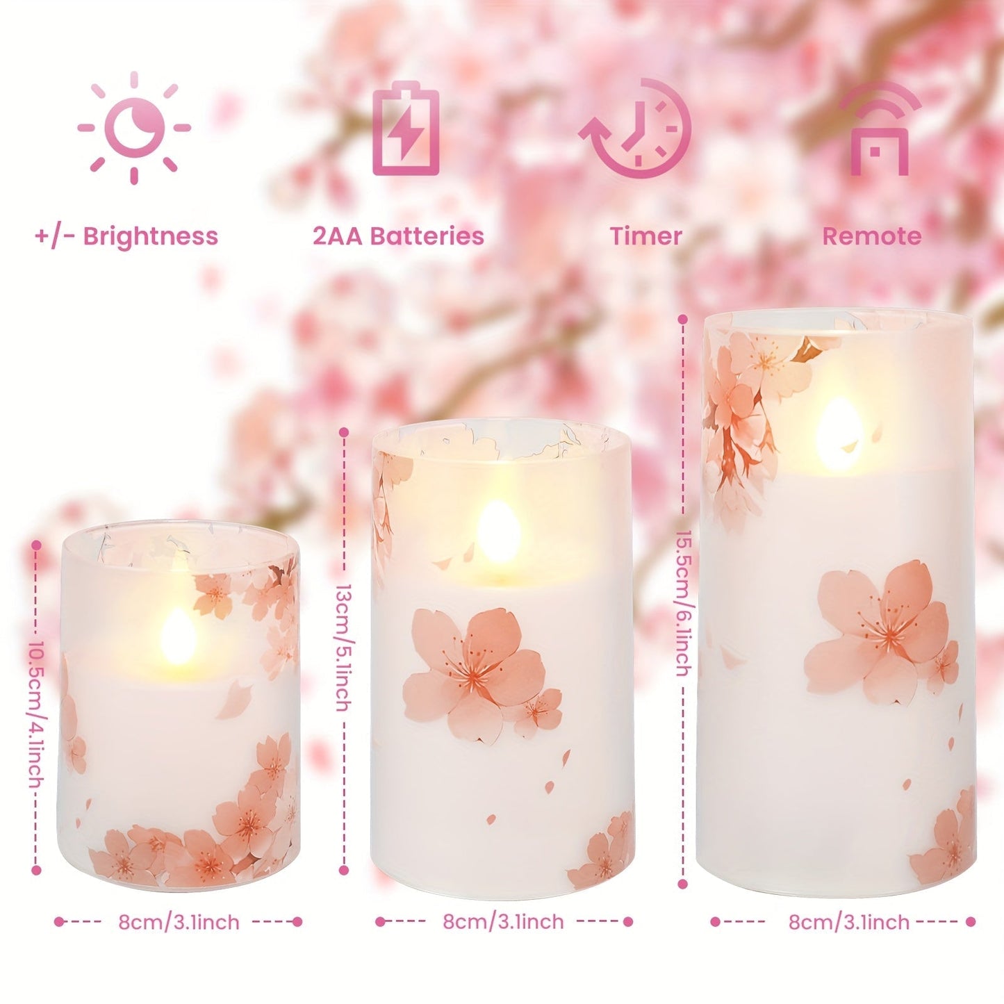 Kawaii 3-pack flameless sakura cherry blossom flower pillar candles