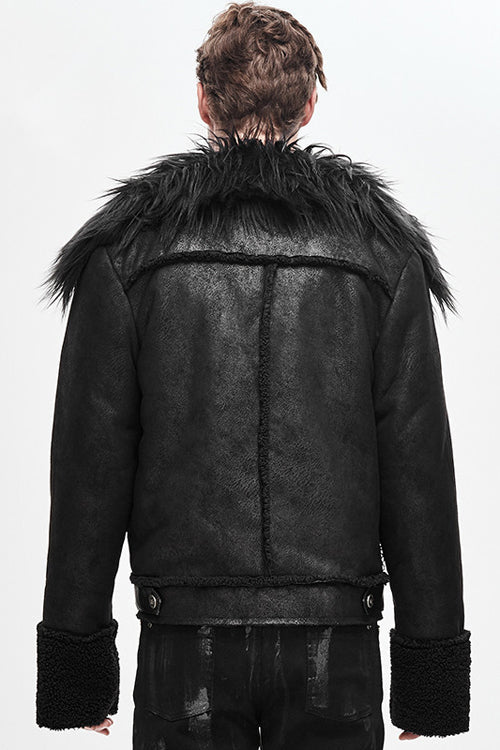 Warm Short Punk Jacket with Wool Collar for Men - Noir