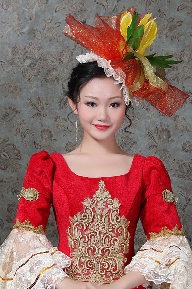 Crimson Victorian Prom Dress with Layered Sleeves and Embroidery