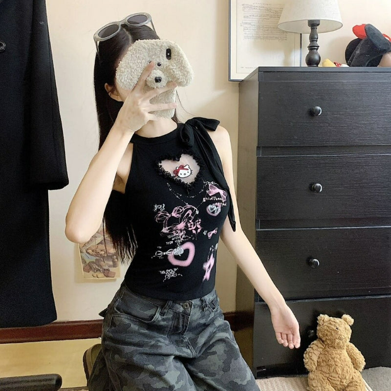 Sweet Kitty Heart Lace Suspender Vest