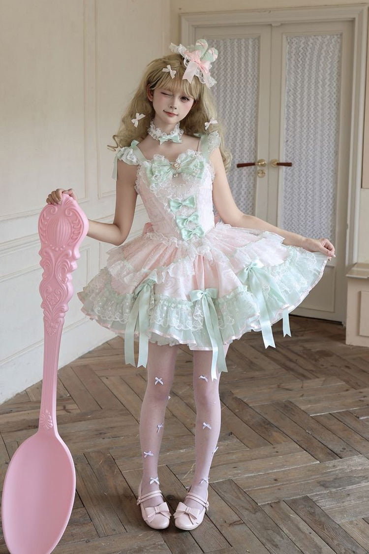 Candy Satin Ballet Square Collar Sleeveless Multi-Layer Ruffle Bow Pearl Lolita JSK